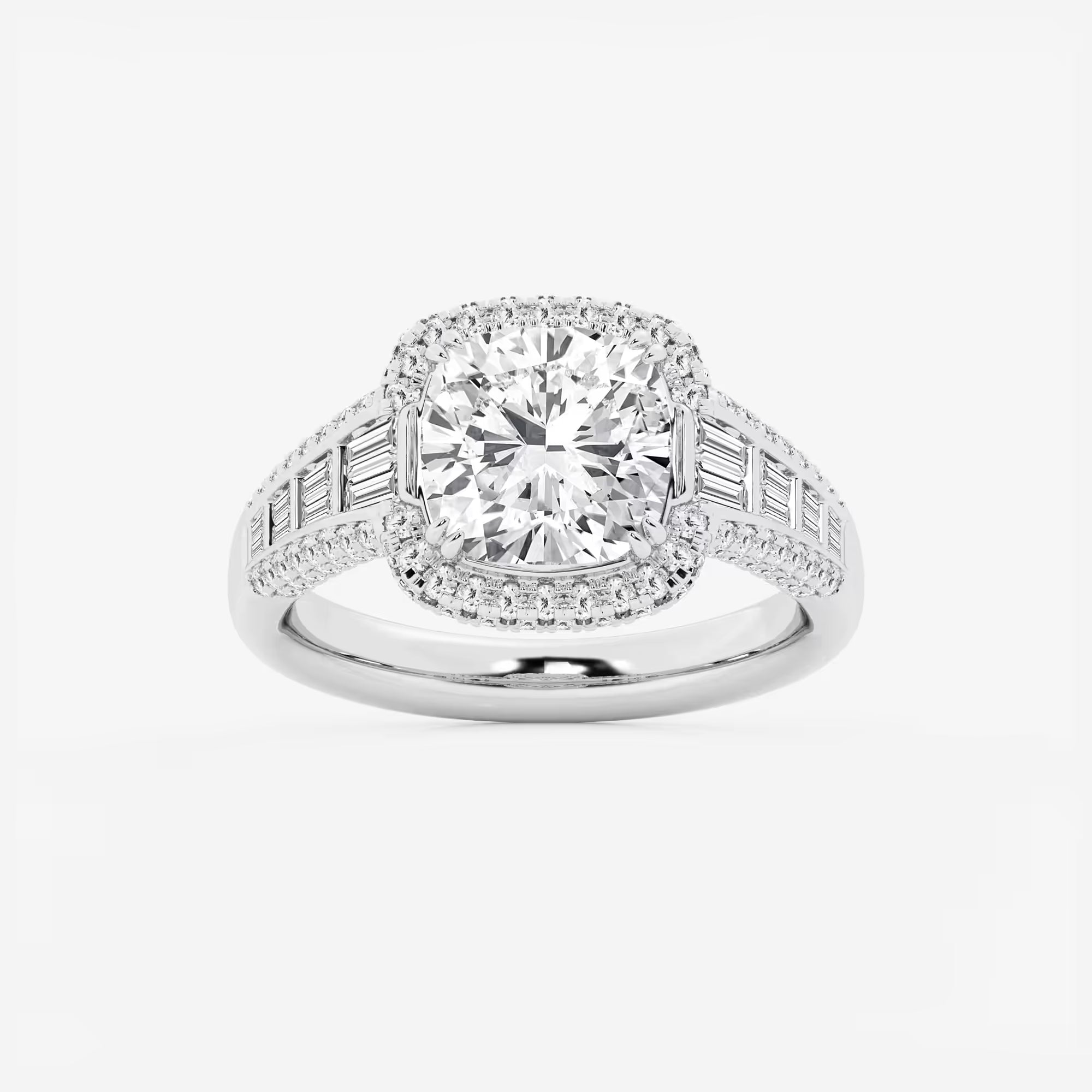 Aurielle Cushion Lab-Grown Diamond Solitaire Engagement Ring with Round & Baguette Side Accents