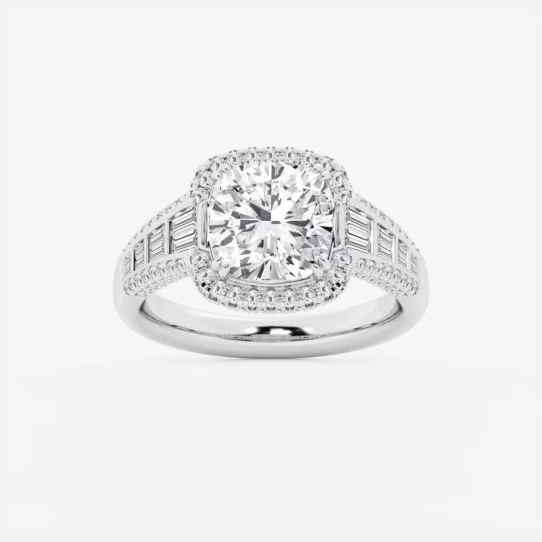 Aurielle Cushion Lab-Grown Diamond Solitaire Engagement Ring with Round & Baguette Side Accents