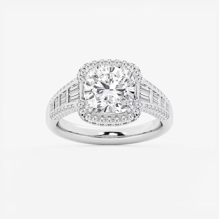 Aurielle Cushion Lab-Grown Diamond Solitaire Engagement Ring with Round & Baguette Side Accents