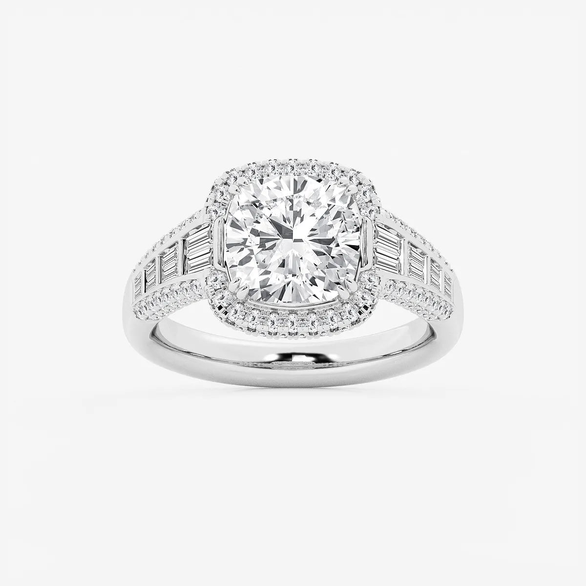 Aurielle Cushion Lab-Grown Diamond Solitaire Engagement Ring with Round & Baguette Side Accents