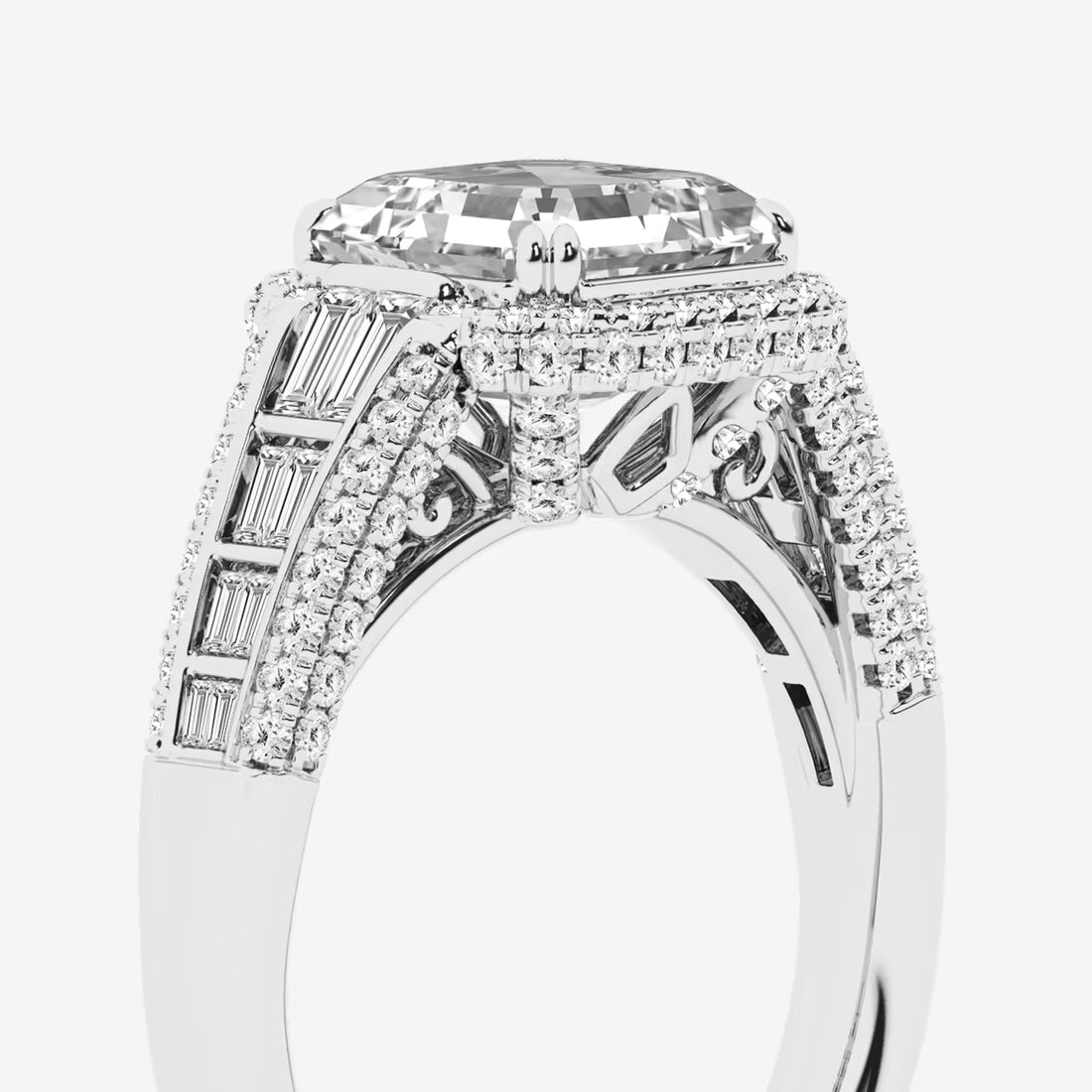 Aurielle Cushion Lab-Grown Diamond Solitaire Engagement Ring with Round & Baguette Side Accents