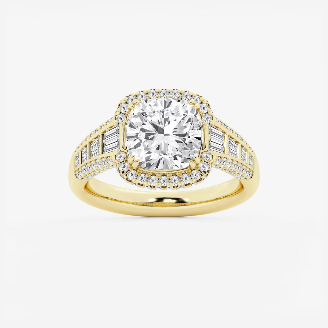 Aurielle Cushion Lab-Grown Diamond Solitaire Engagement Ring with Round & Baguette Side Accents