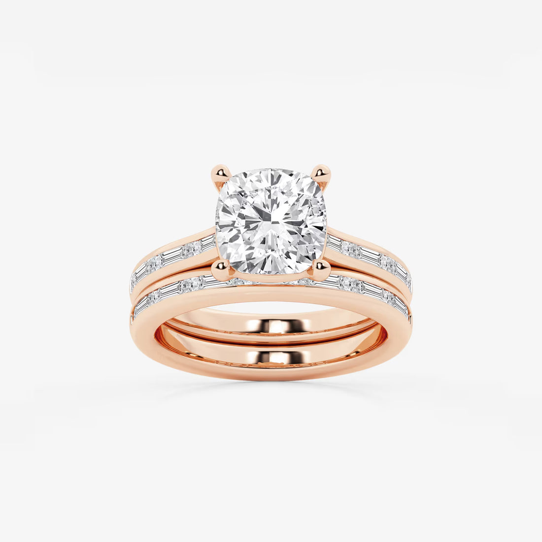 Cushion Lab Grown Diamond Baguette and Princess Side Stone Bridal Set