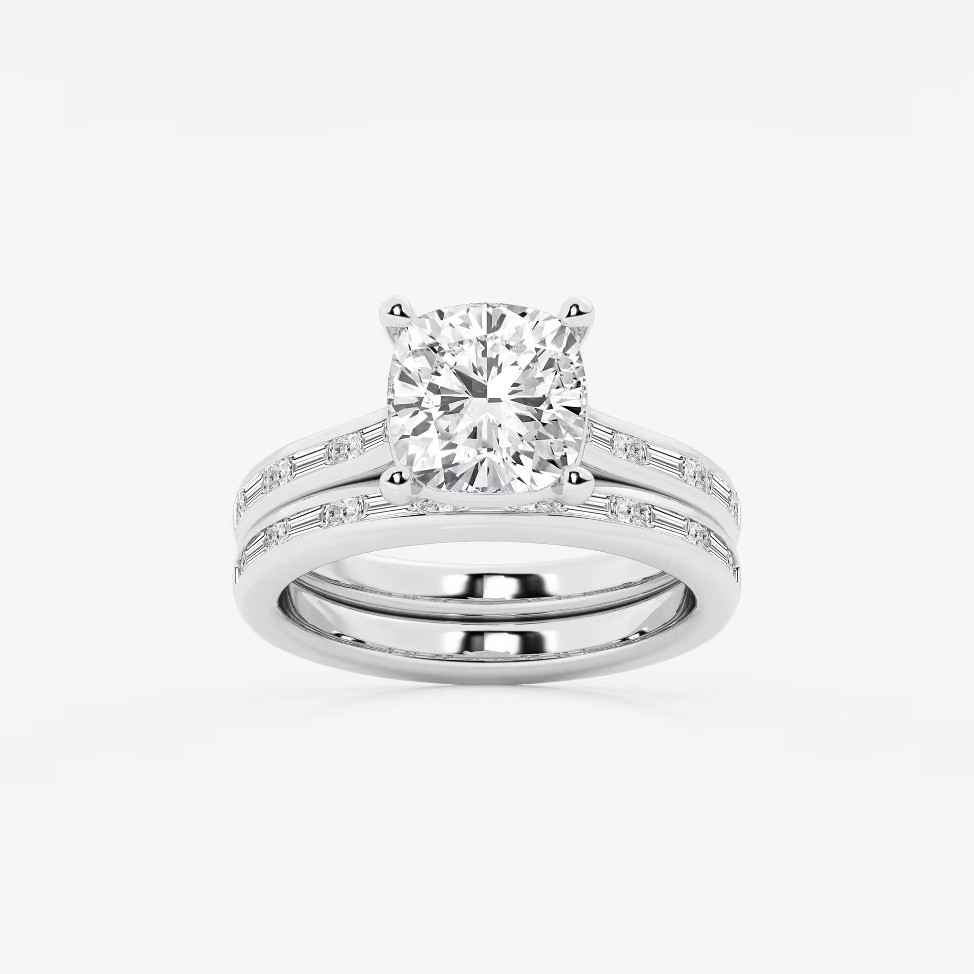 Cushion Lab Grown Diamond Baguette and Princess Side Stone Bridal Set
