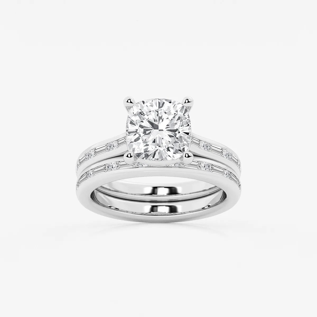 Cushion Lab Grown Diamond Baguette and Princess Side Stone Bridal Set