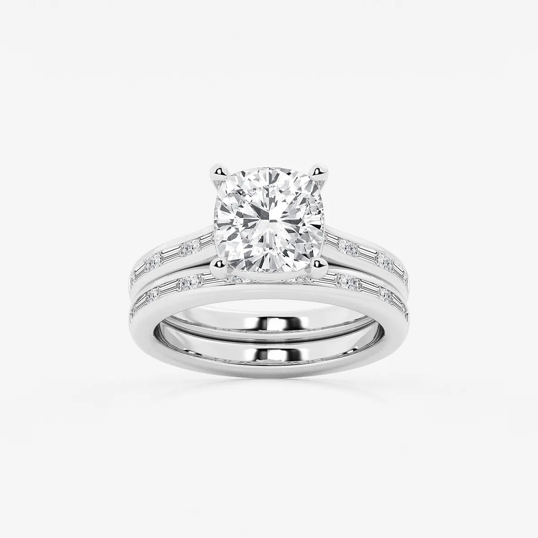 Cushion Lab Grown Diamond Baguette and Princess Side Stone Bridal Set