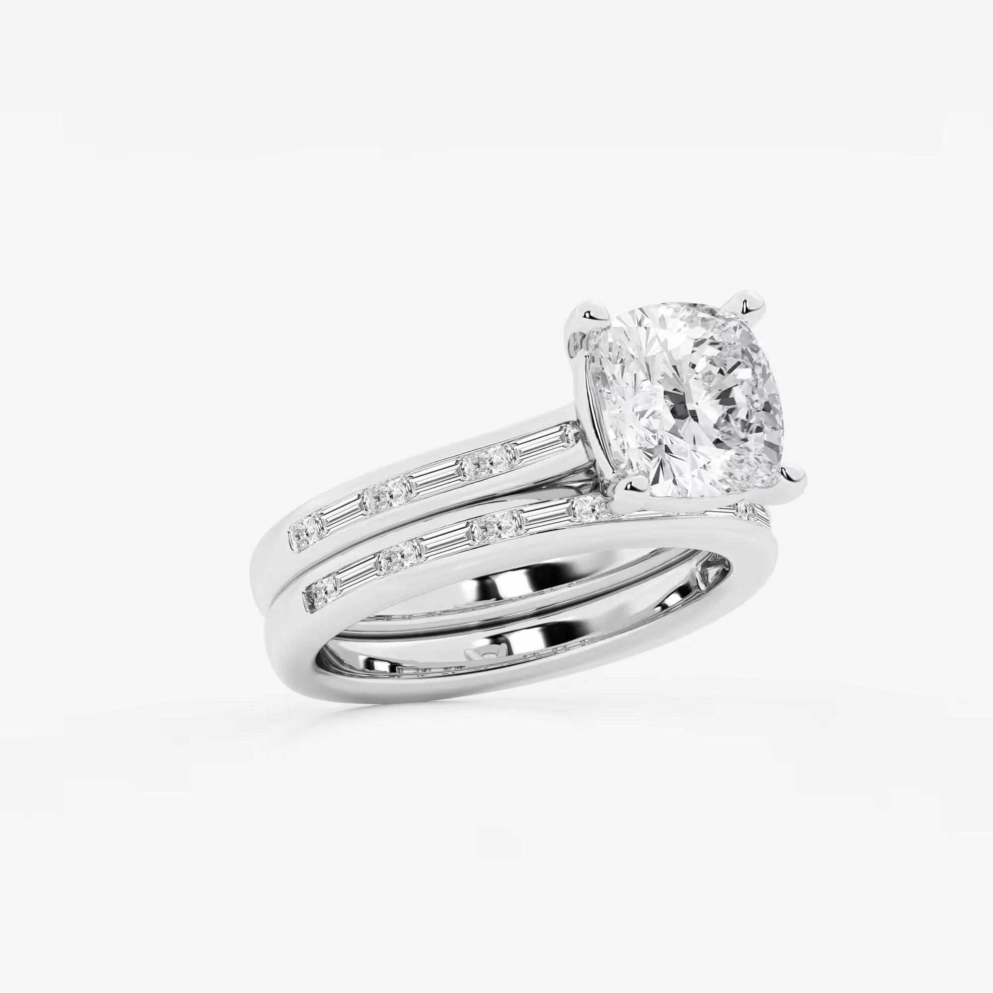 Cushion Lab Grown Diamond Baguette and Princess Side Stone Bridal Set