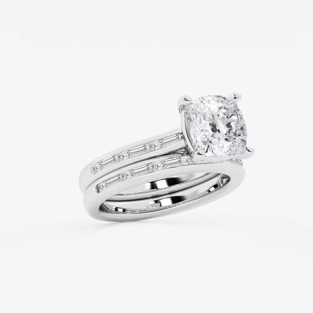 Cushion Lab Grown Diamond Baguette and Princess Side Stone Bridal Set
