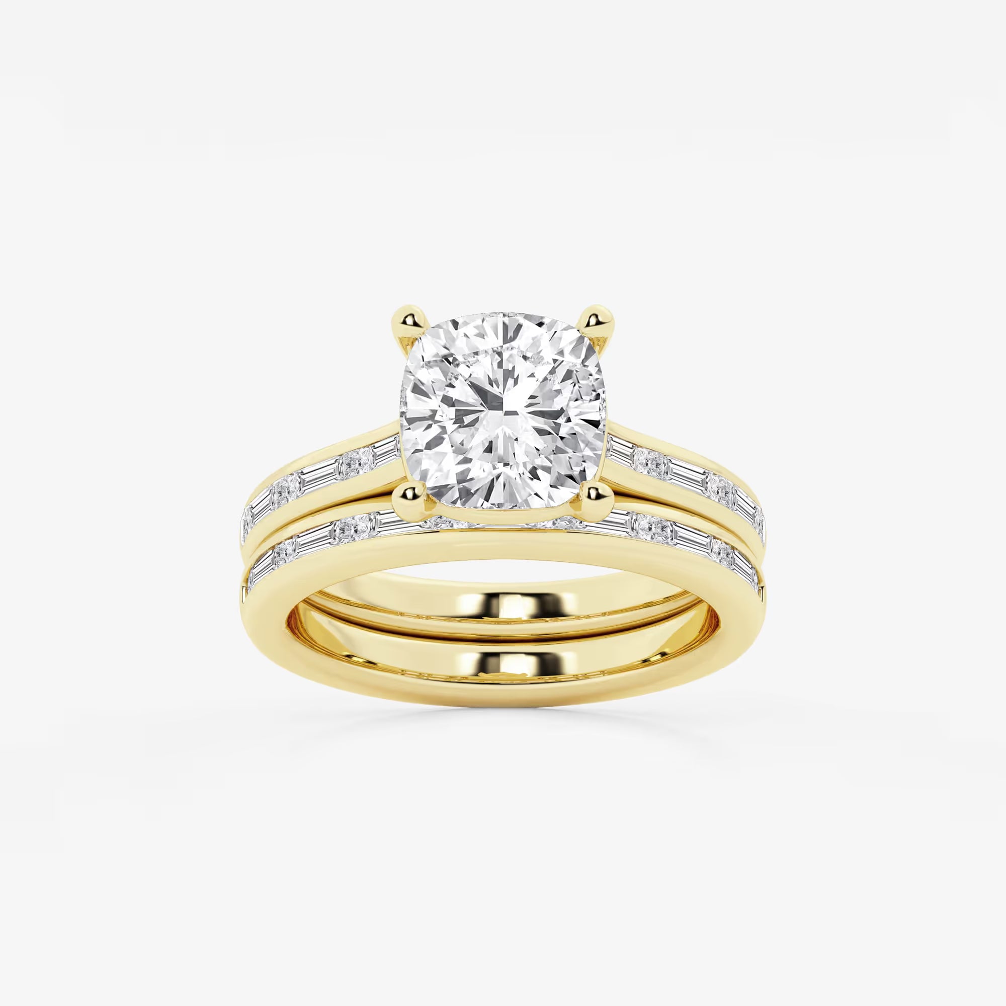 Cushion Lab Grown Diamond Baguette and Princess Side Stone Bridal Set