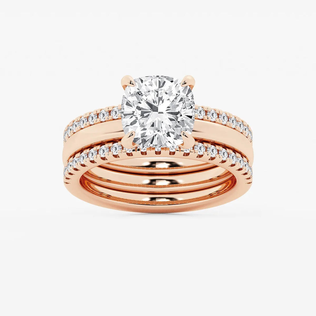 Cushion Cut Lab Grown Diamond Double Band Bridal Set Engagement Ring