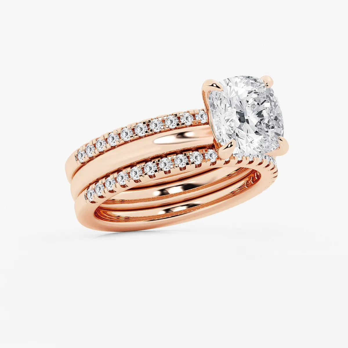 Cushion Cut Lab Grown Diamond Double Band Bridal Set Engagement Ring