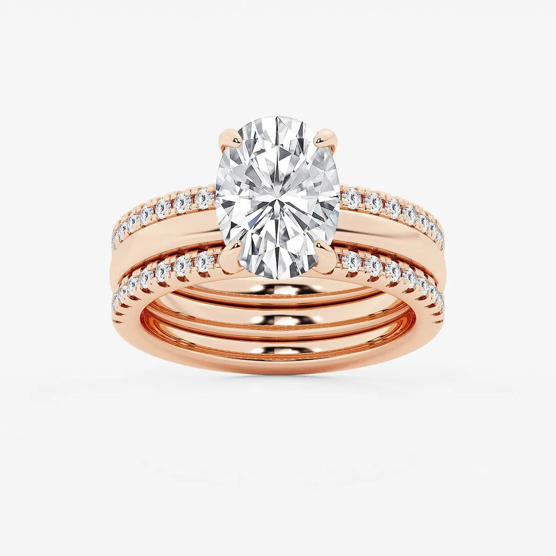 Oval Cut Lab-Grown Diamond Bridal Ring Set with Double Pavé Bands