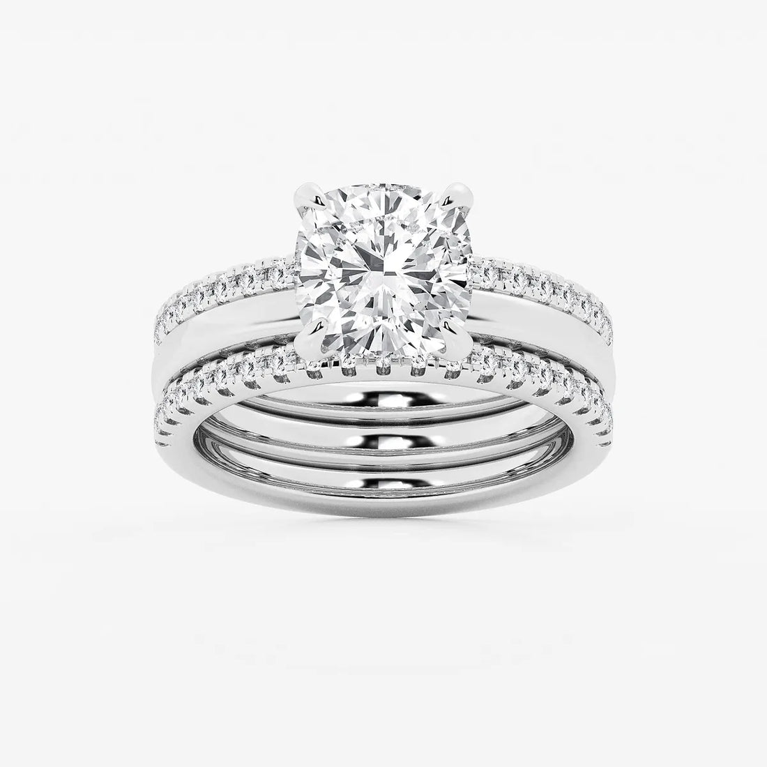 Cushion Cut Lab Grown Diamond Double Band Bridal Set Engagement Ring