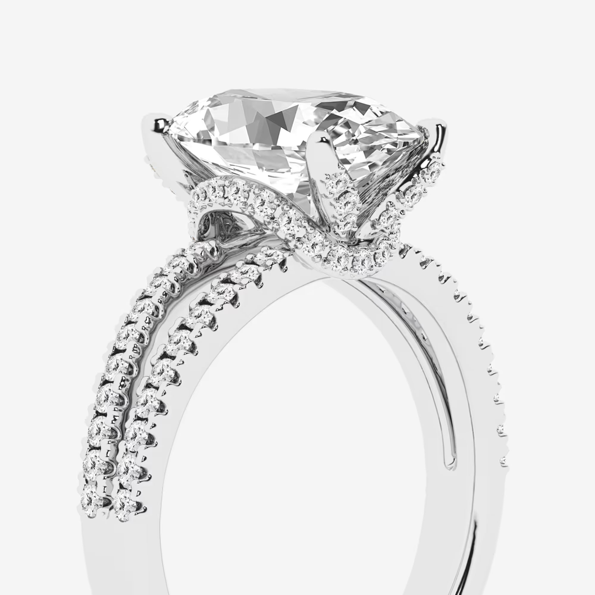 Oval Cut Lab-Grown Diamond Split Shank Engagement Ring | Hidden Halo Pave Band | IGI Certified