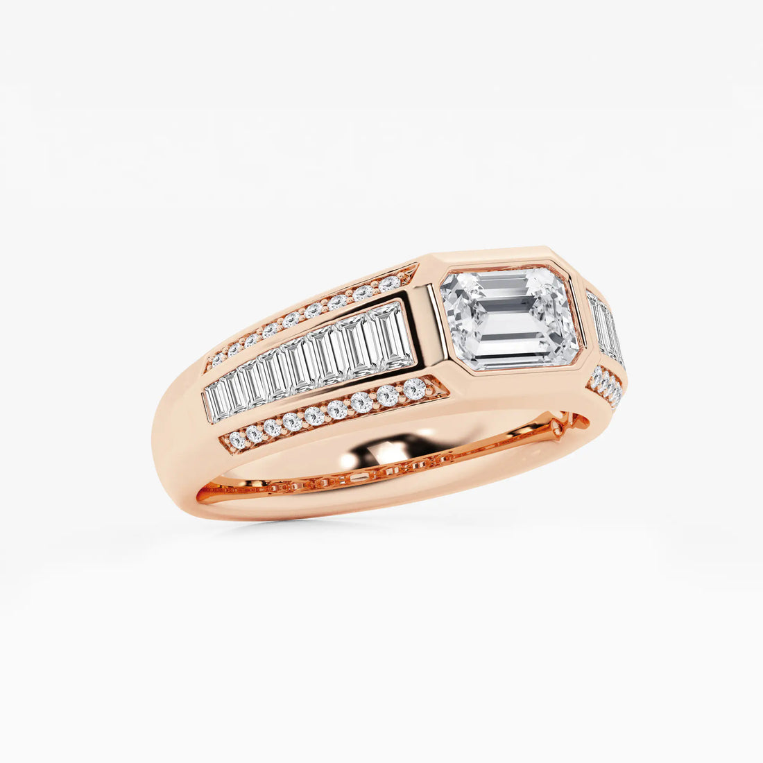 Bold East-West Emerald Lab Grown Diamond Ring with Graduated Baguette Side Stones
