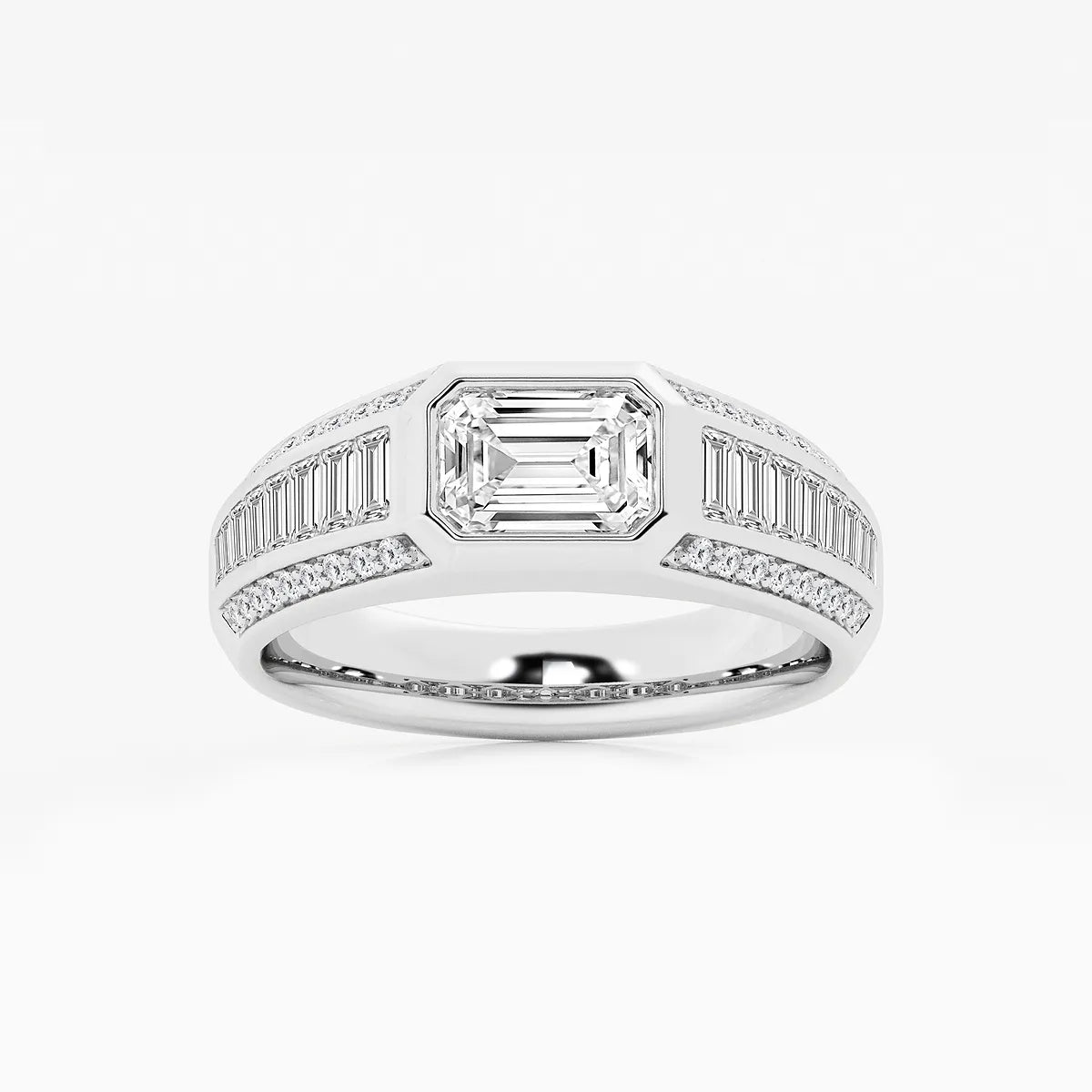 Bold East-West Emerald Lab Grown Diamond Ring with Graduated Baguette Side Stones