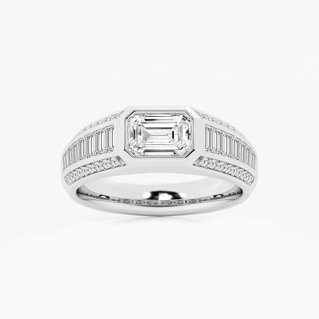 Bold East-West Emerald Lab Grown Diamond Ring with Graduated Baguette Side Stones