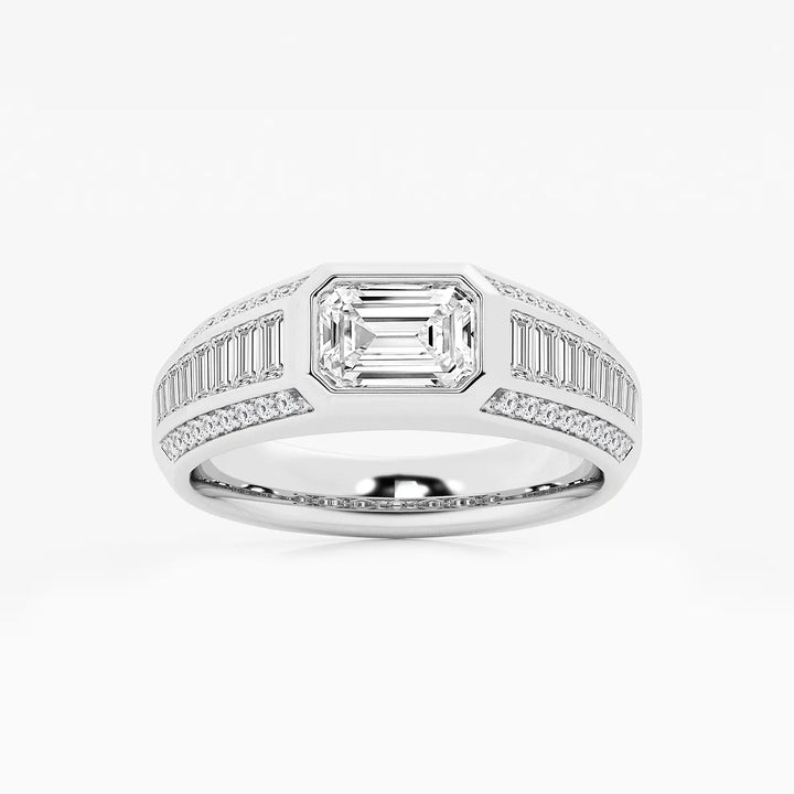 Bold East-West Emerald Lab Grown Diamond Ring with Graduated Baguette Side Stones