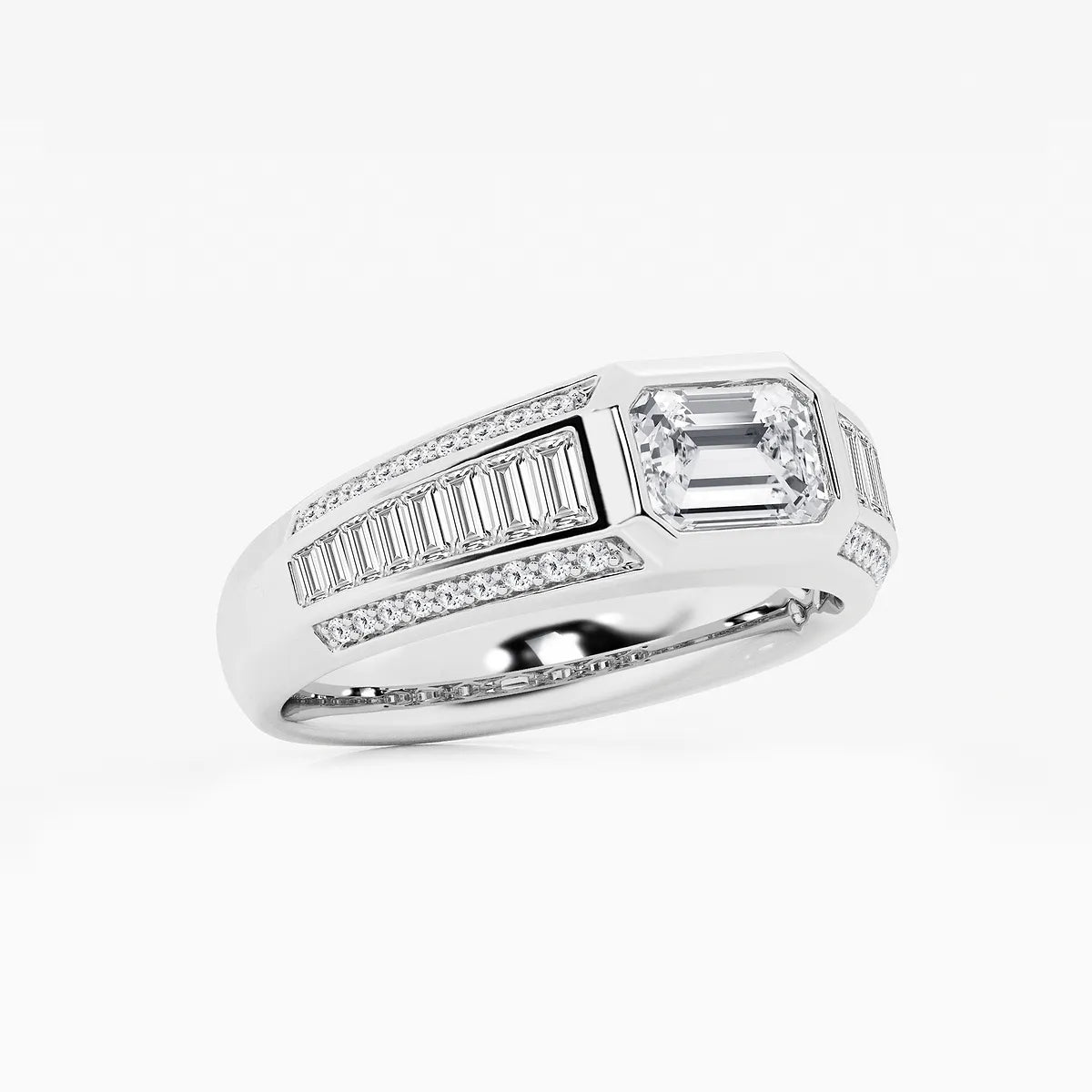 Bold East-West Emerald Lab Grown Diamond Ring with Graduated Baguette Side Stones