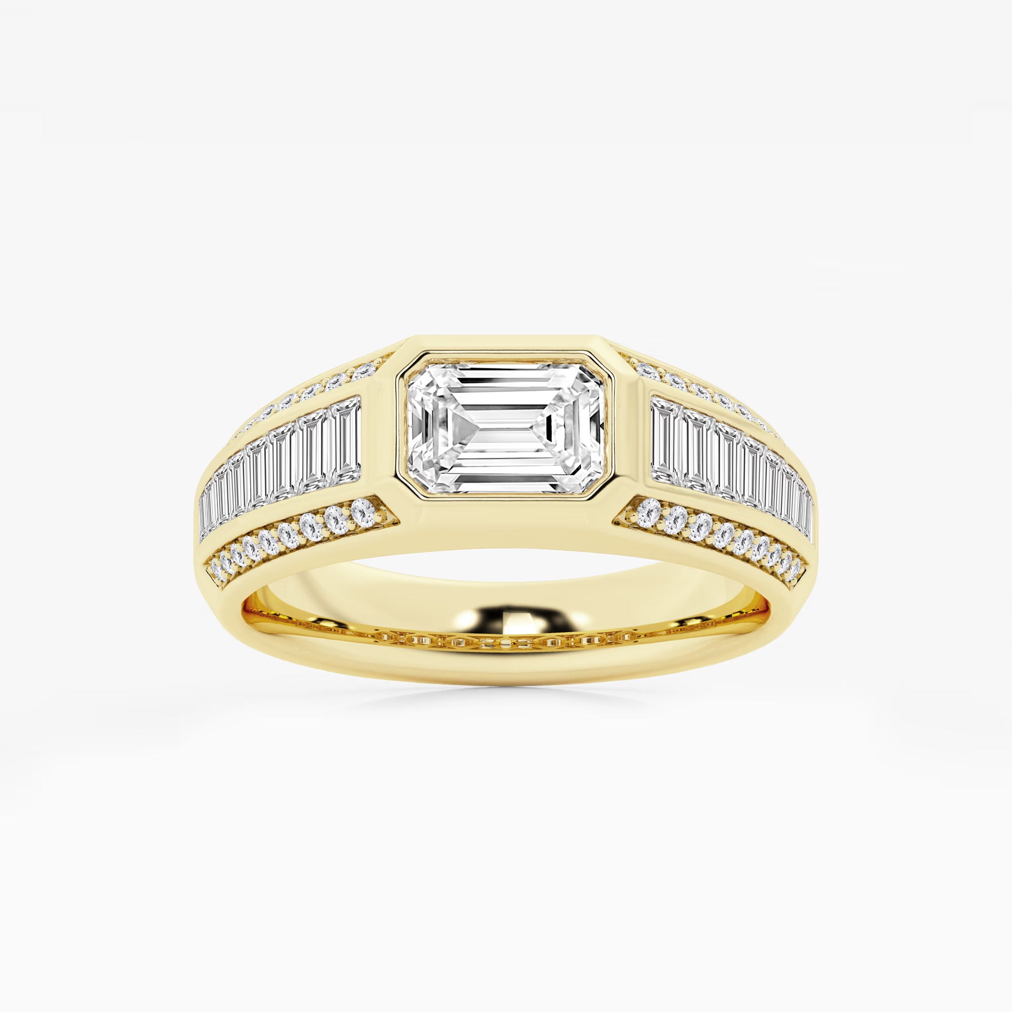 Bold East-West Emerald Lab Grown Diamond Ring with Graduated Baguette Side Stones