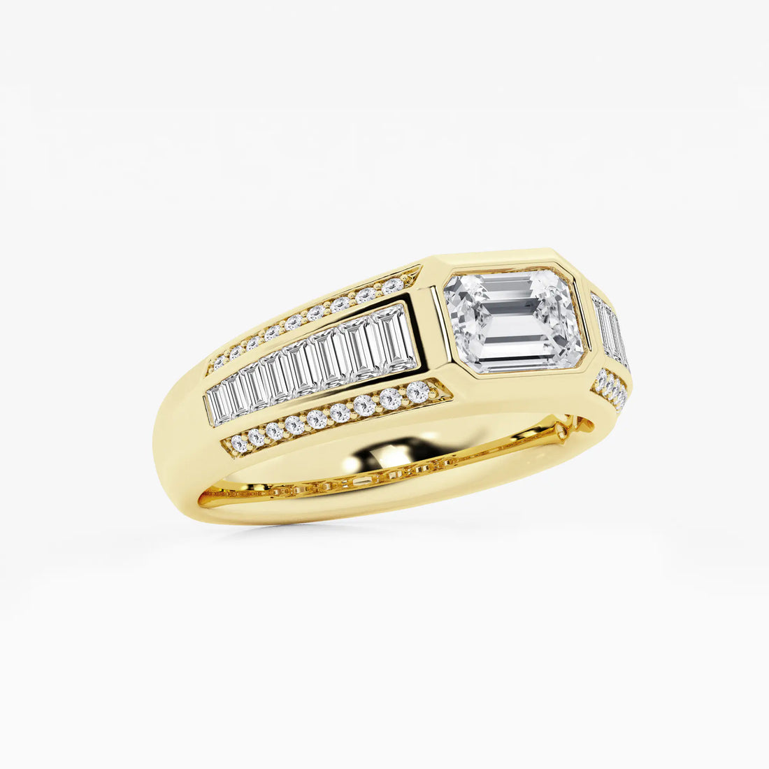 Bold East-West Emerald Lab Grown Diamond Ring with Graduated Baguette Side Stones