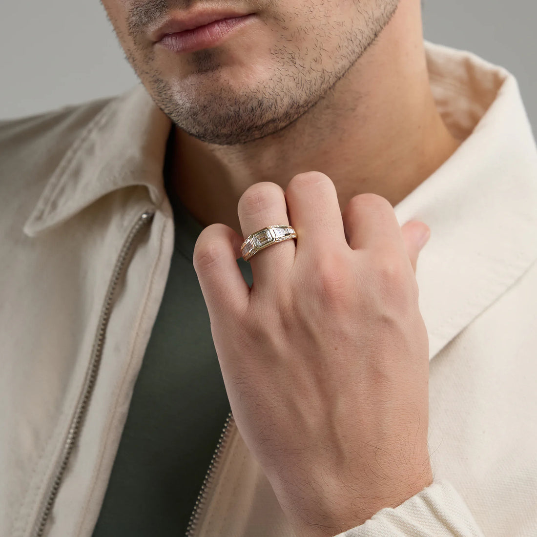 Bold East-West Emerald Lab Grown Diamond Ring with Graduated Baguette Side Stones