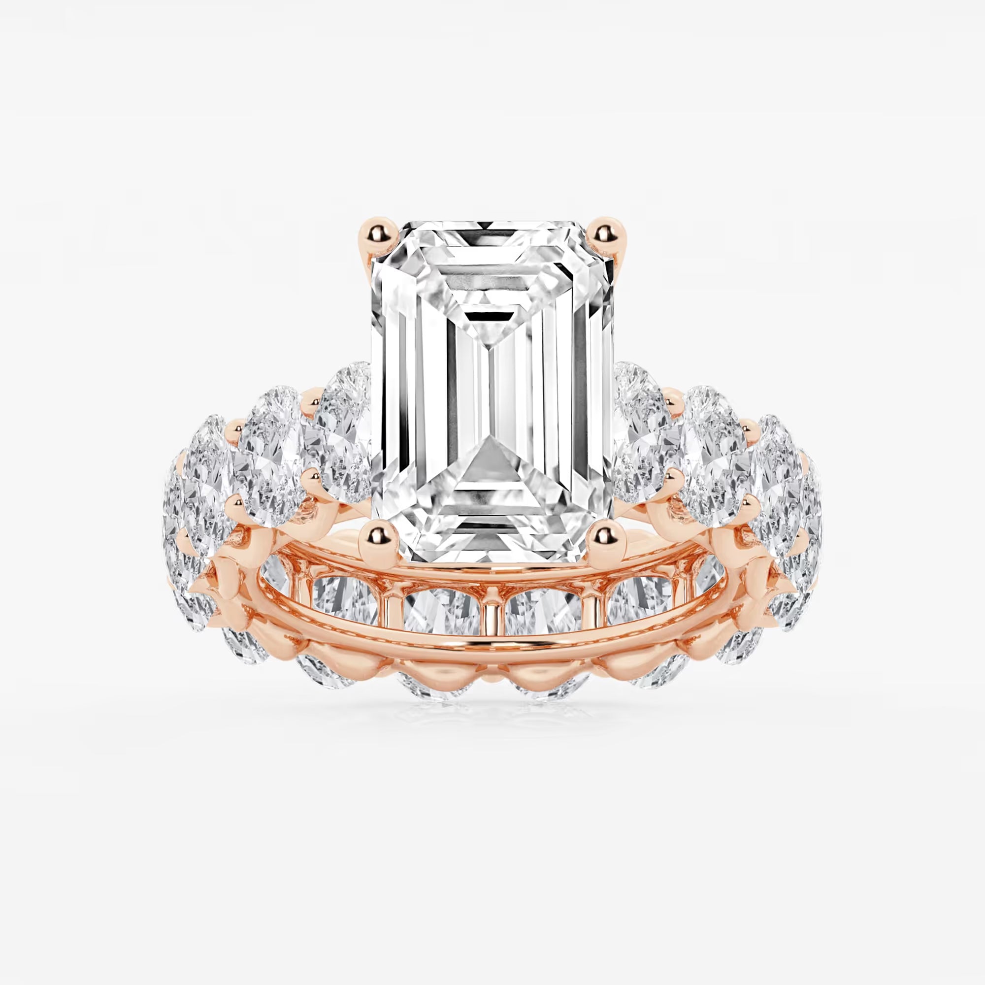 Emerald Cut Solitaire Bridal Ring Set  Large Oval Diamond Shared Prong Band & Channel Set Baguette Eternity Wedding Band