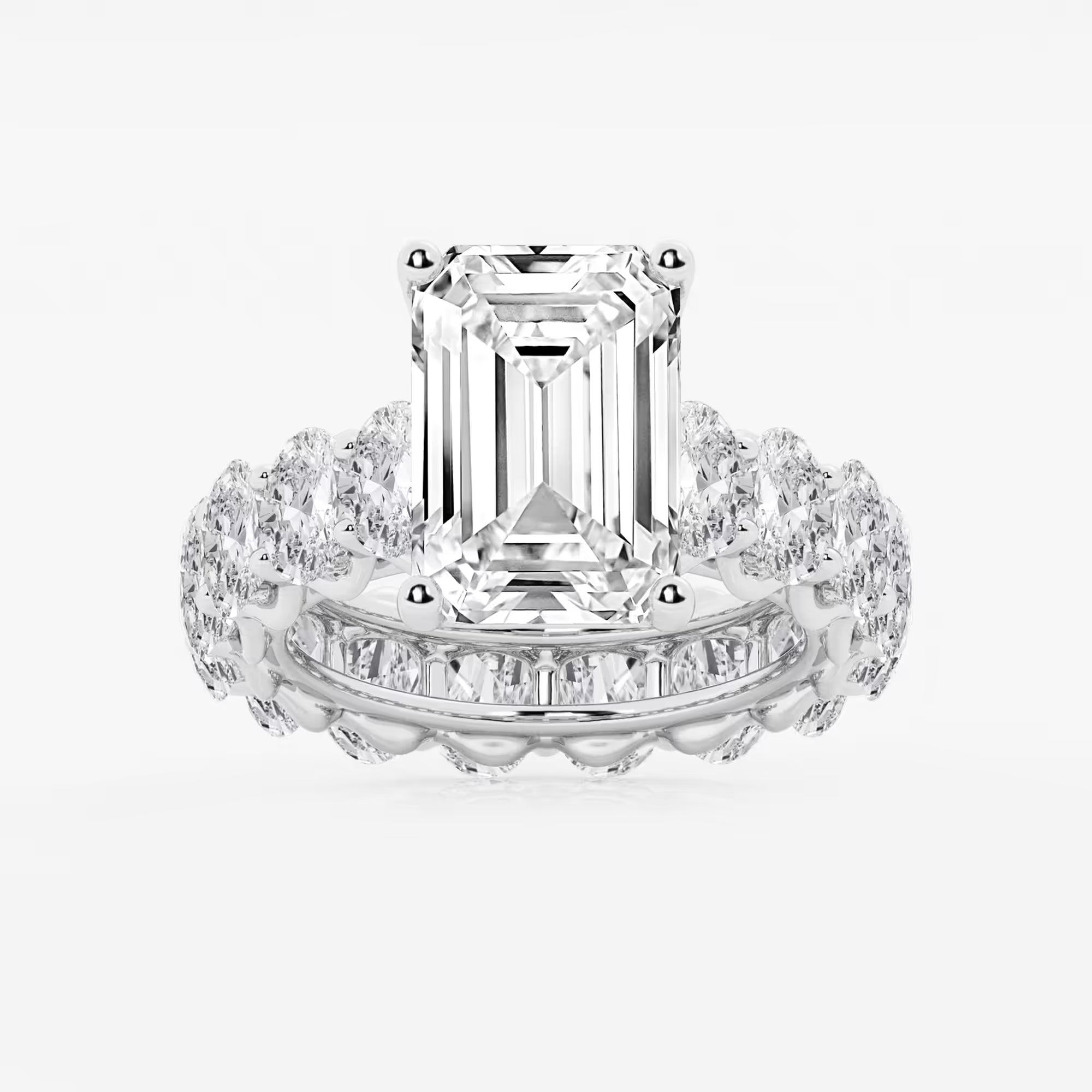 Emerald Cut Solitaire Bridal Ring Set  Large Oval Diamond Shared Prong Band & Channel Set Baguette Eternity Wedding Band