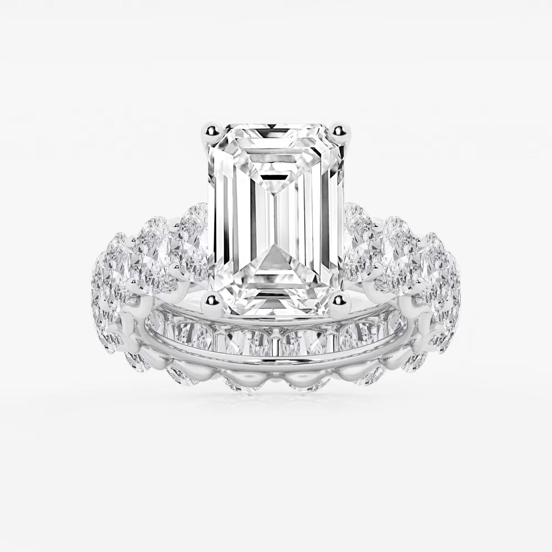 Emerald Cut Solitaire Bridal Ring Set  Large Oval Diamond Shared Prong Band & Channel Set Baguette Eternity Wedding Band