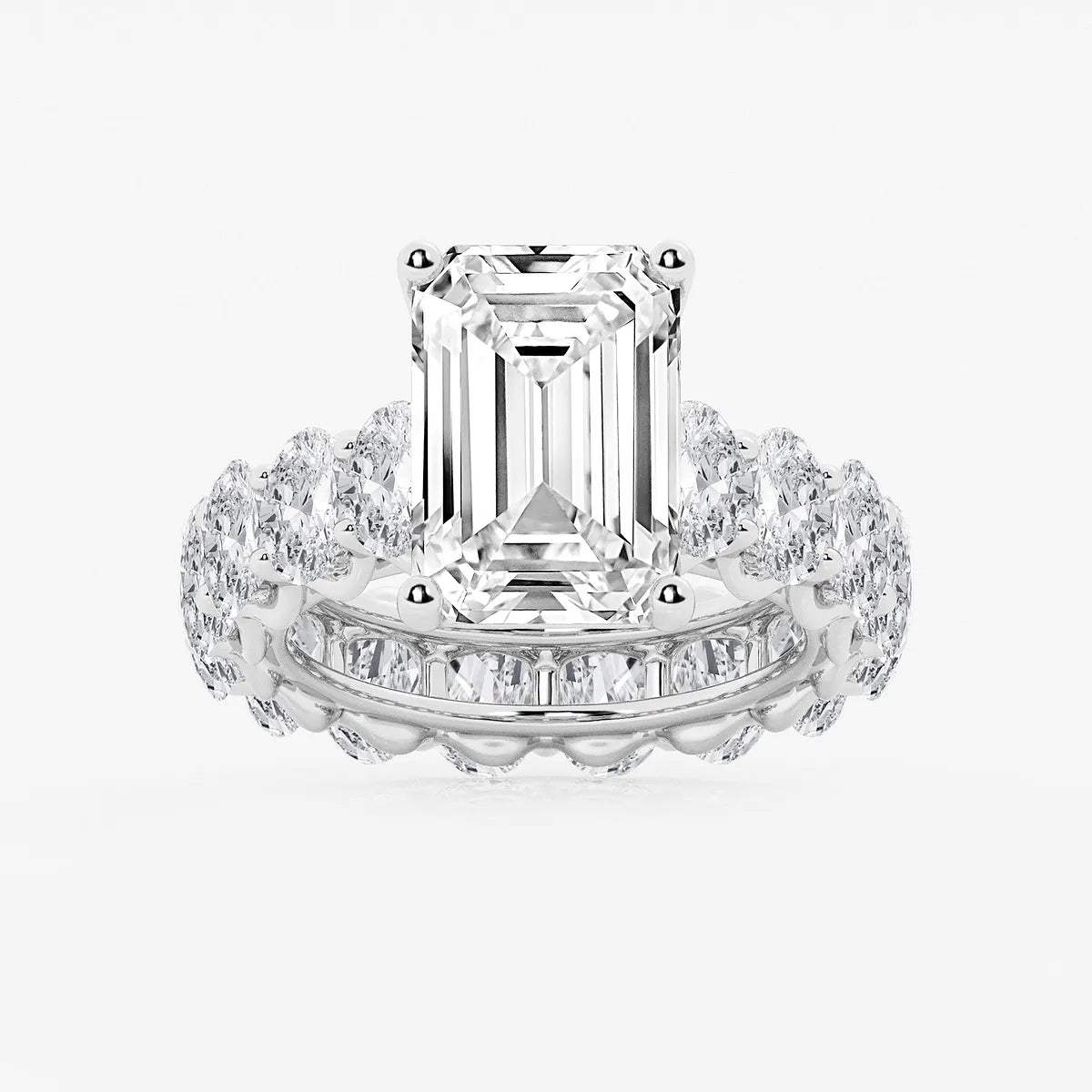 Emerald Cut Solitaire Bridal Ring Set  Large Oval Diamond Shared Prong Band & Channel Set Baguette Eternity Wedding Band