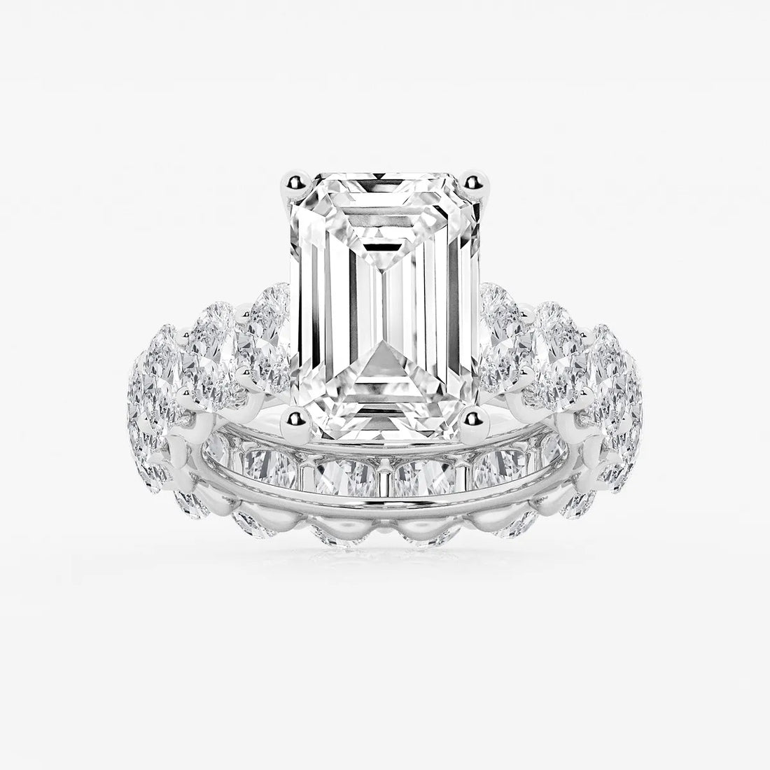 Emerald Cut Solitaire Bridal Ring Set  Large Oval Diamond Shared Prong Band & Channel Set Baguette Eternity Wedding Band