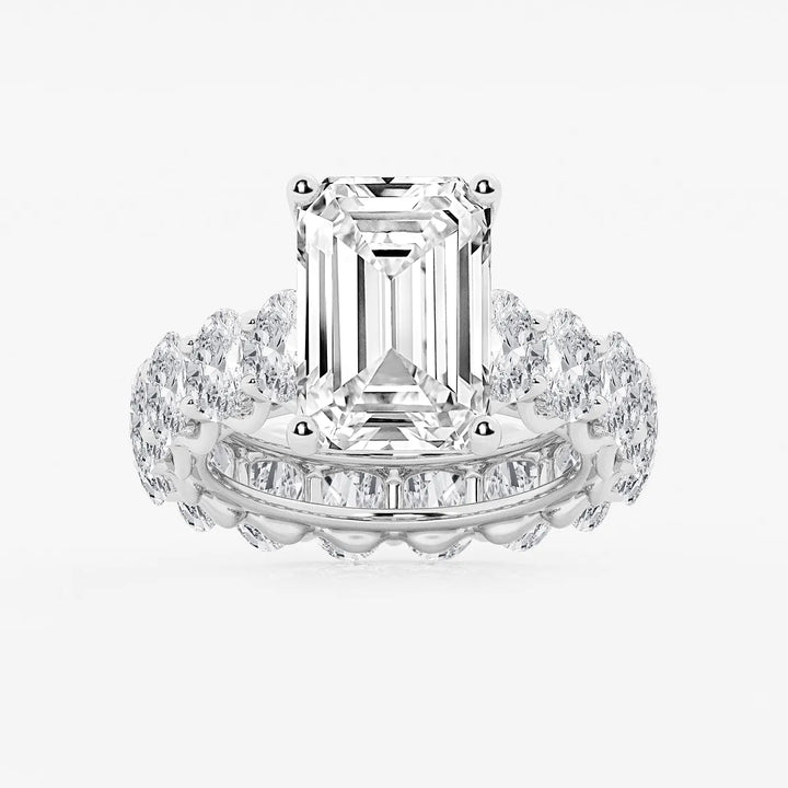 Emerald Cut Solitaire Bridal Ring Set  Large Oval Diamond Shared Prong Band & Channel Set Baguette Eternity Wedding Band