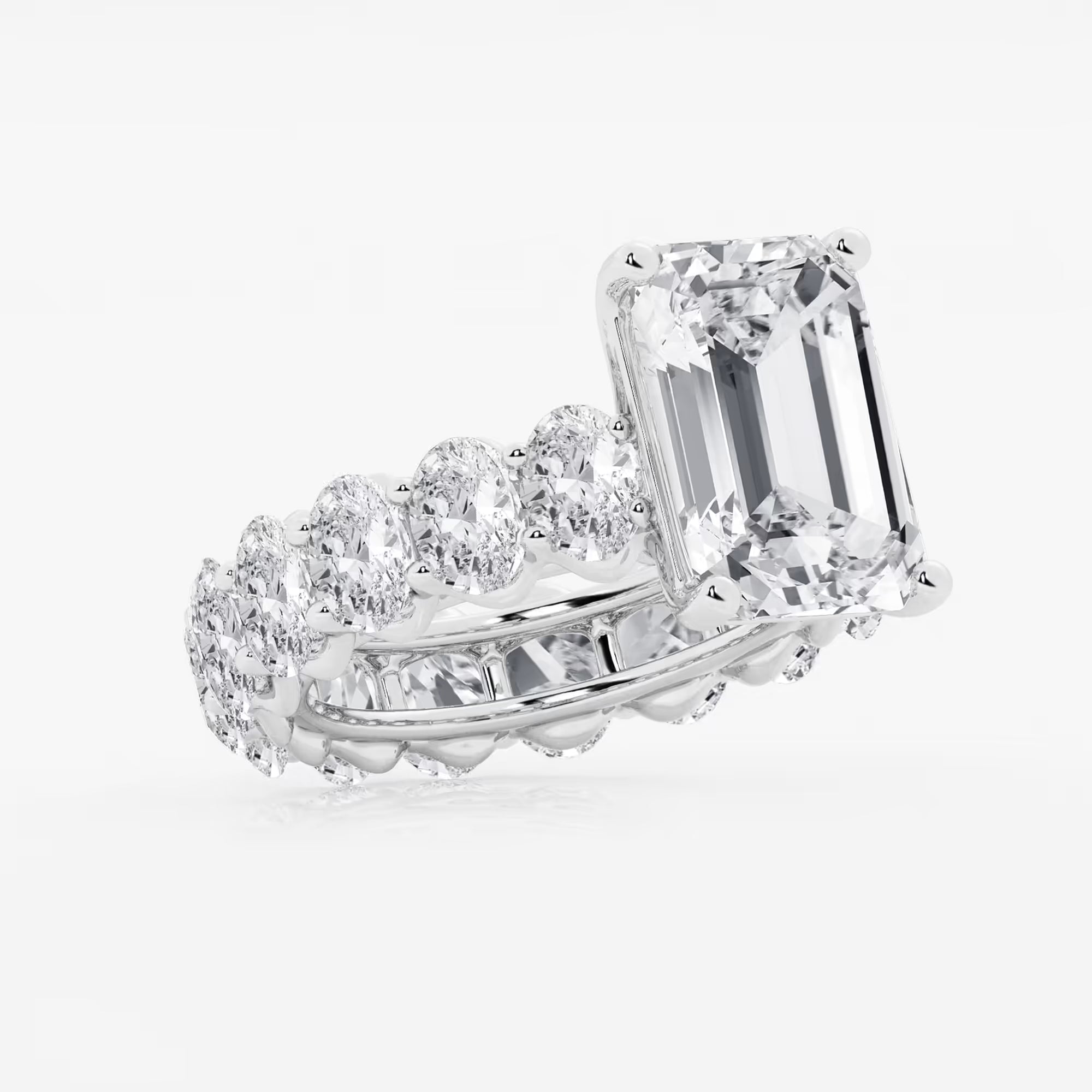Emerald Cut Solitaire Bridal Ring Set  Large Oval Diamond Shared Prong Band & Channel Set Baguette Eternity Wedding Band