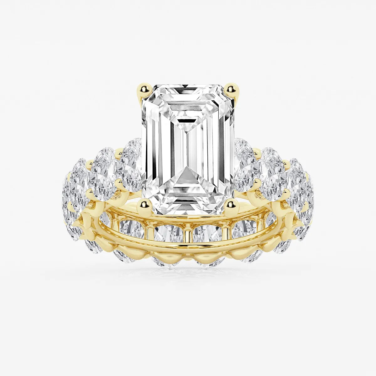 Emerald Cut Solitaire Bridal Ring Set  Large Oval Diamond Shared Prong Band & Channel Set Baguette Eternity Wedding Band