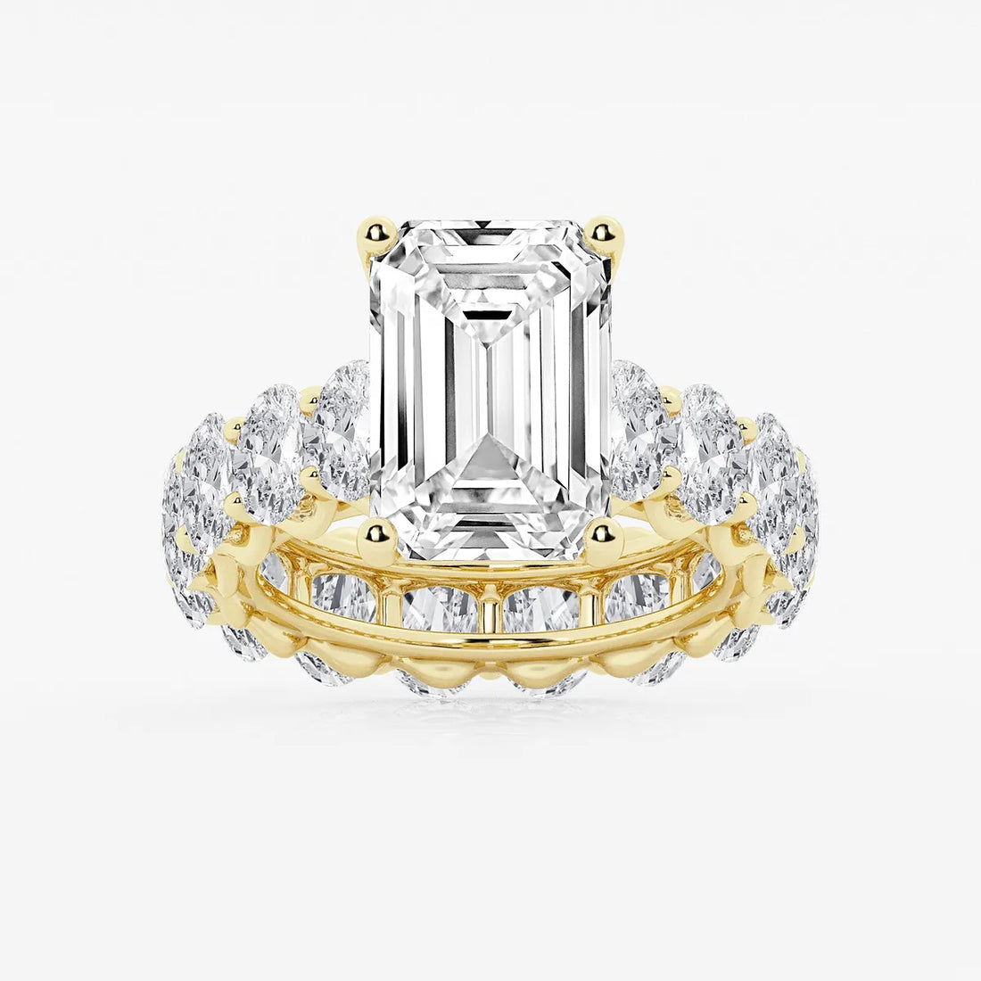 Emerald Cut Solitaire Bridal Ring Set  Large Oval Diamond Shared Prong Band & Channel Set Baguette Eternity Wedding Band
