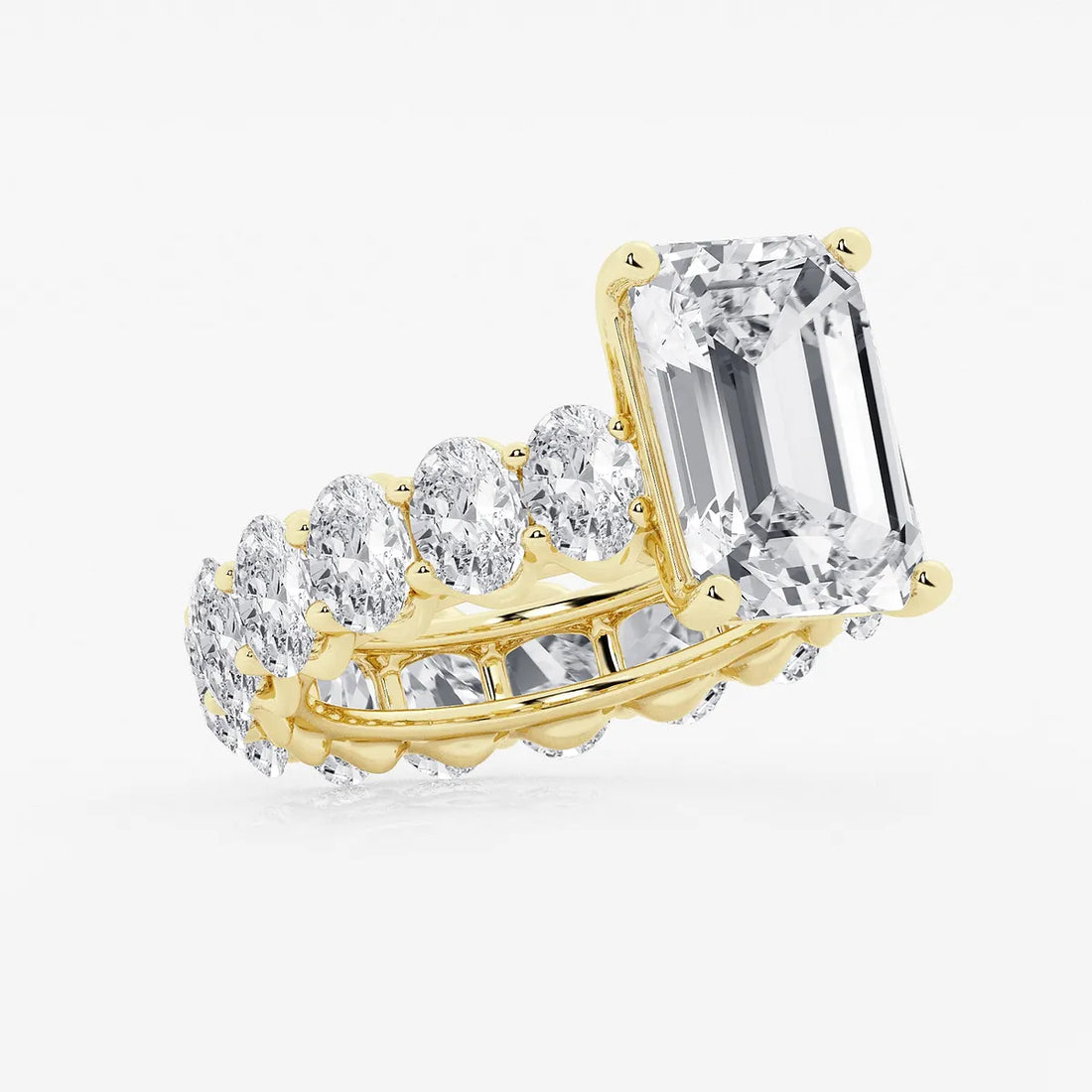 Emerald Cut Solitaire Bridal Ring Set  Large Oval Diamond Shared Prong Band & Channel Set Baguette Eternity Wedding Band
