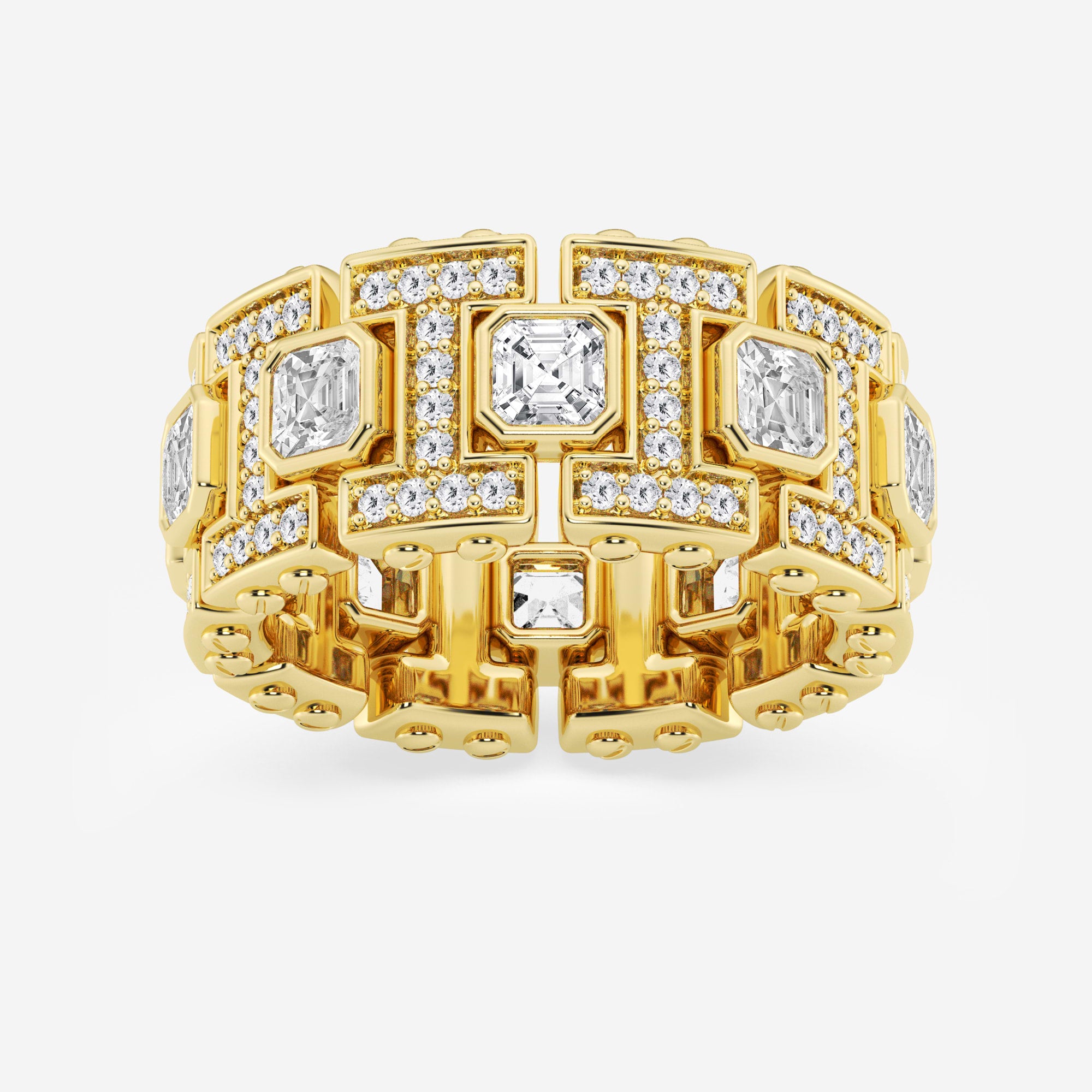 Refined Asscher Lab Grown Diamond Bezel Set Eternity Band in Yellow Gold