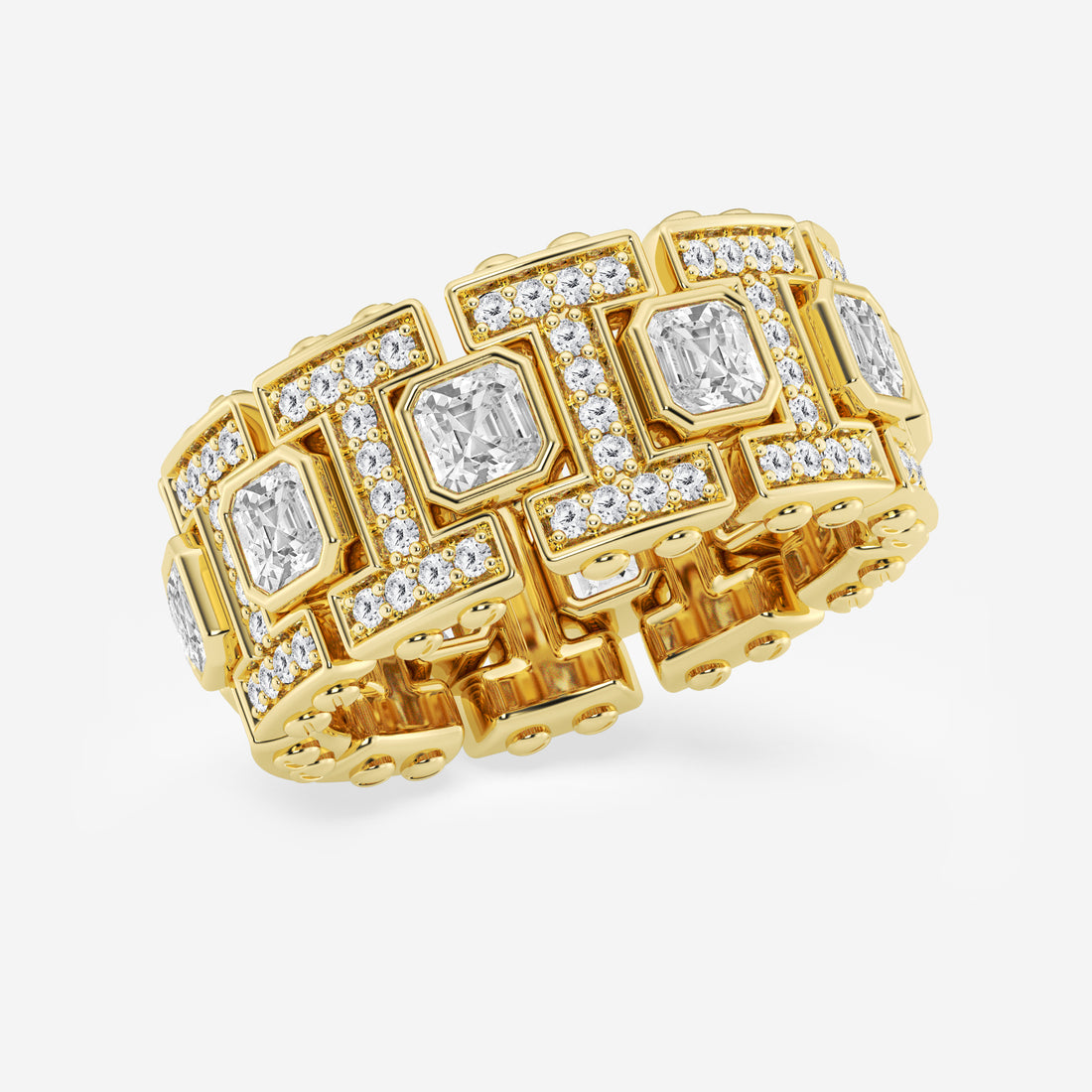 Refined Asscher Lab Grown Diamond Bezel Set Eternity Band in Yellow Gold