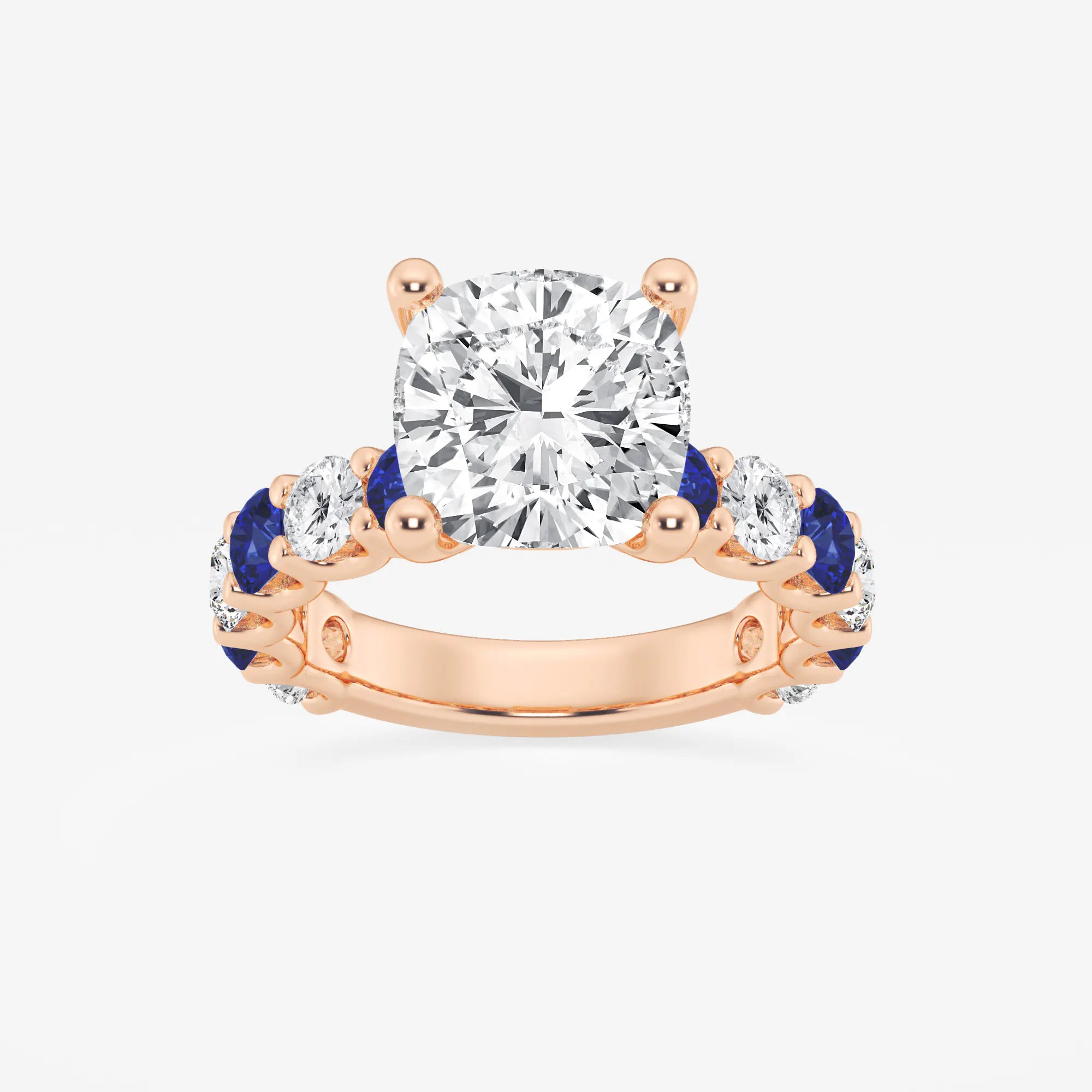 Cushion Lab Grown Diamond & Round Created Sapphire Side Stone Engagement Ring