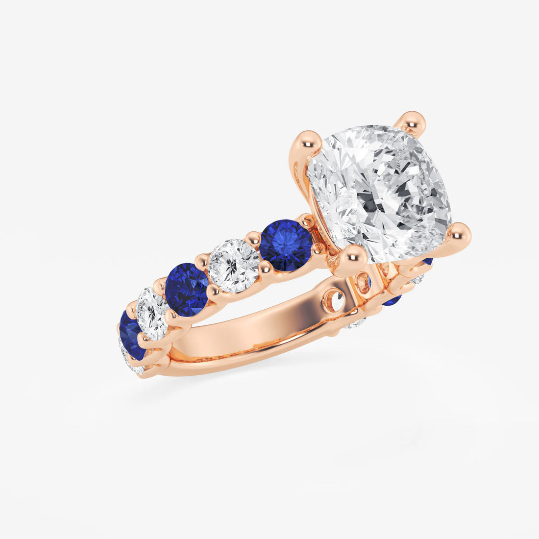 Cushion Lab Grown Diamond & Round Created Sapphire Side Stone Engagement Ring