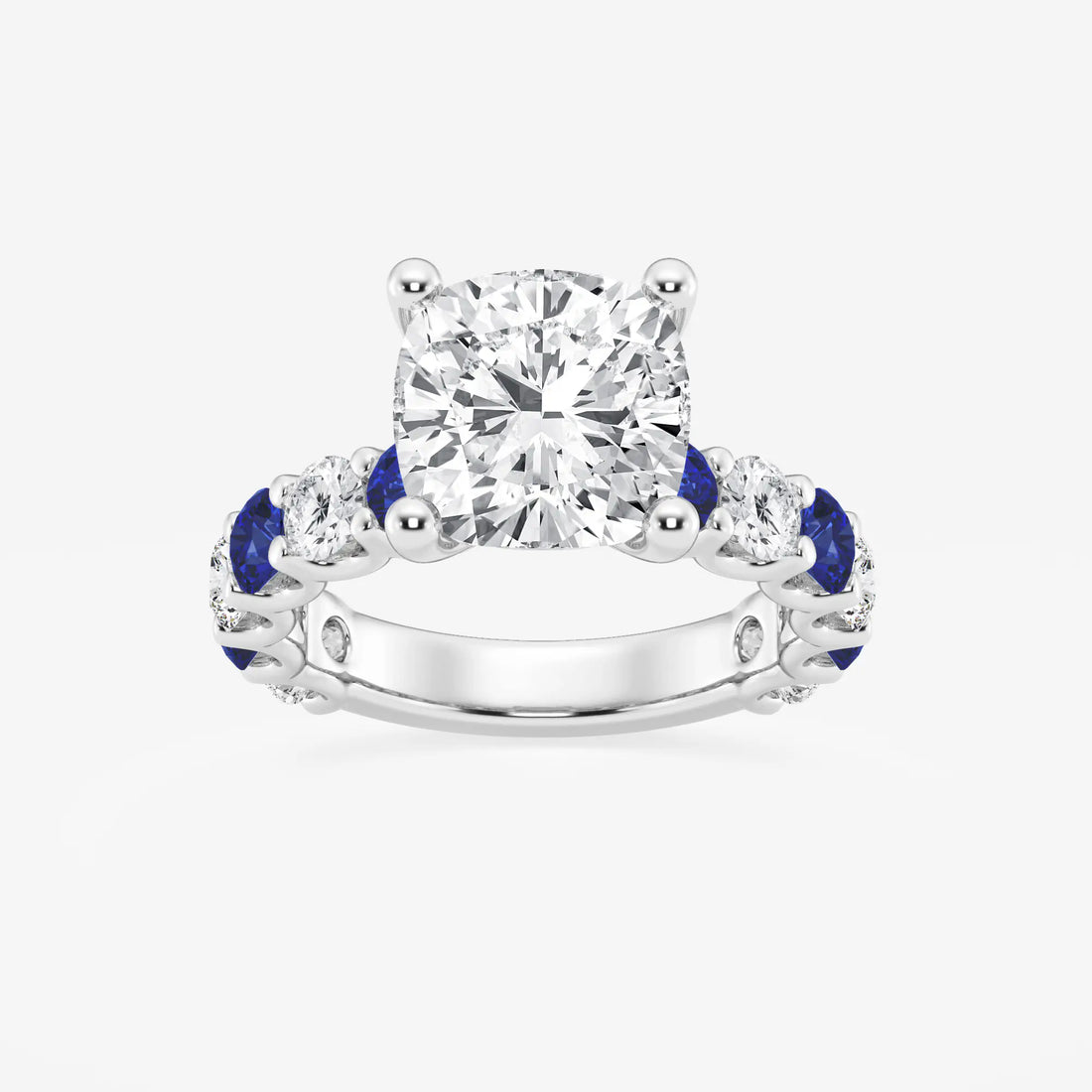 Cushion Lab Grown Diamond & Round Created Sapphire Side Stone Engagement Ring