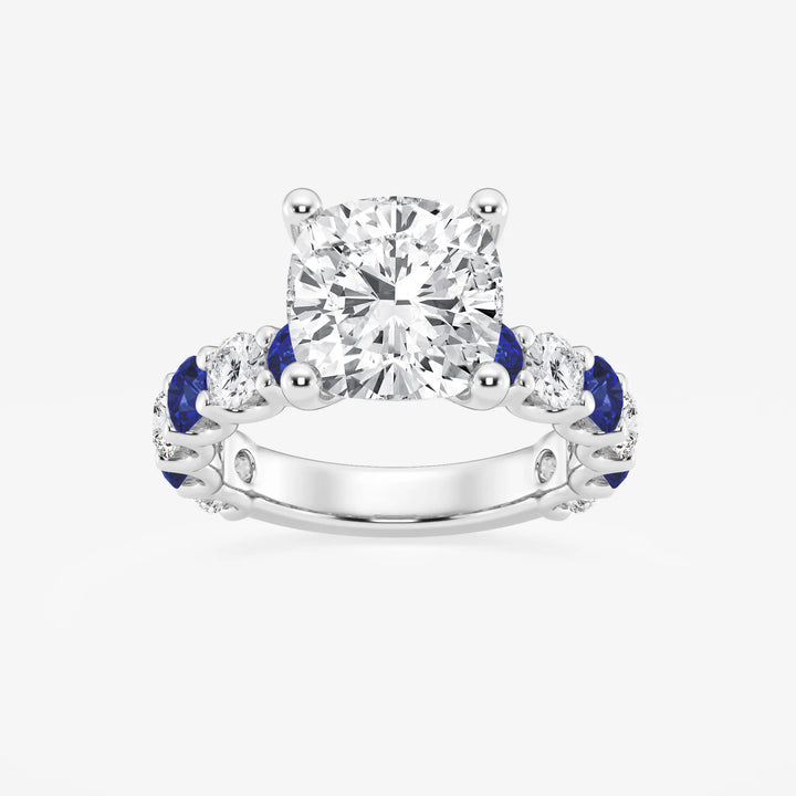Cushion Lab Grown Diamond & Round Created Sapphire Side Stone Engagement Ring