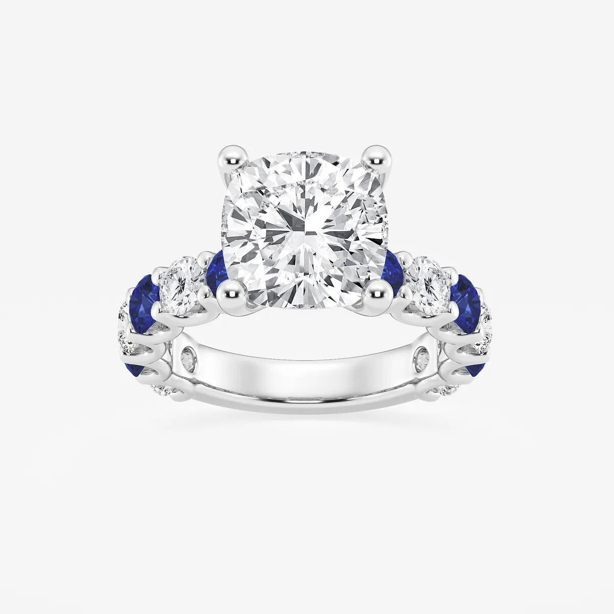 Cushion Lab Grown Diamond & Round Created Sapphire Side Stone Engagement Ring