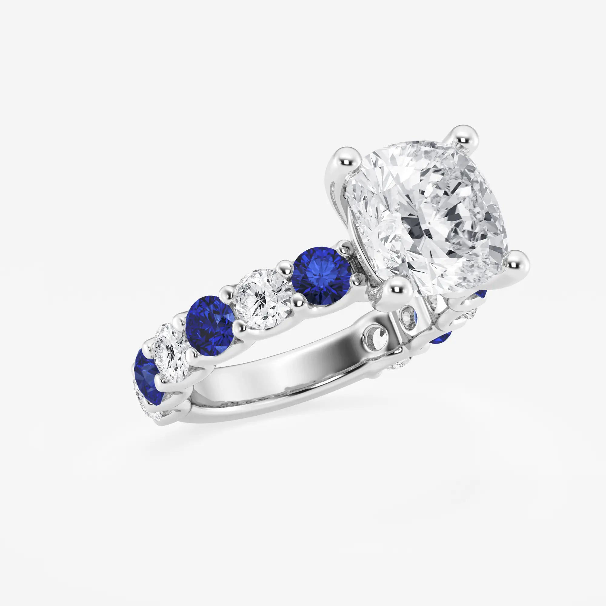 Cushion Lab Grown Diamond & Round Created Sapphire Side Stone Engagement Ring