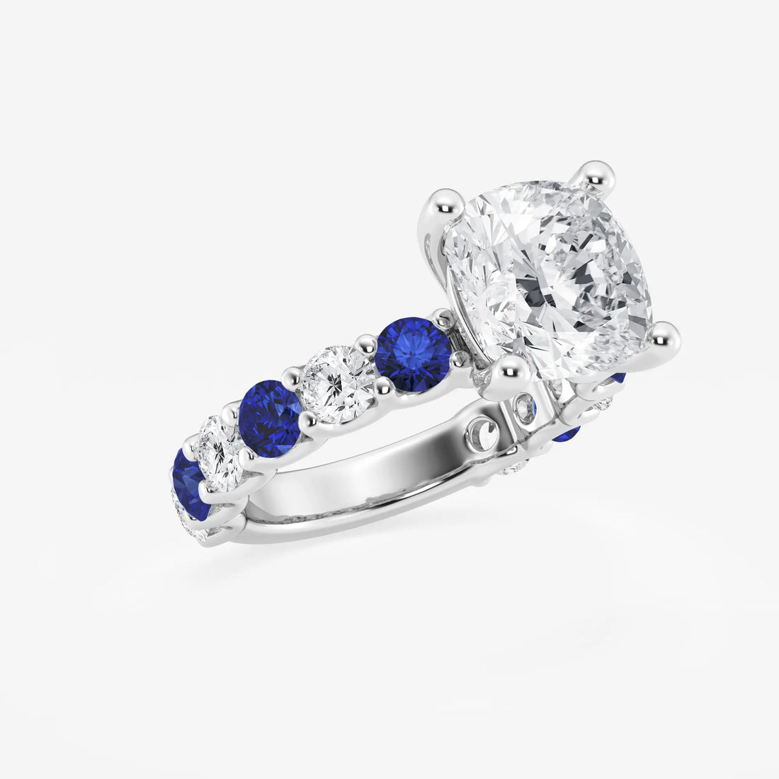 Cushion Lab Grown Diamond & Round Created Sapphire Side Stone Engagement Ring