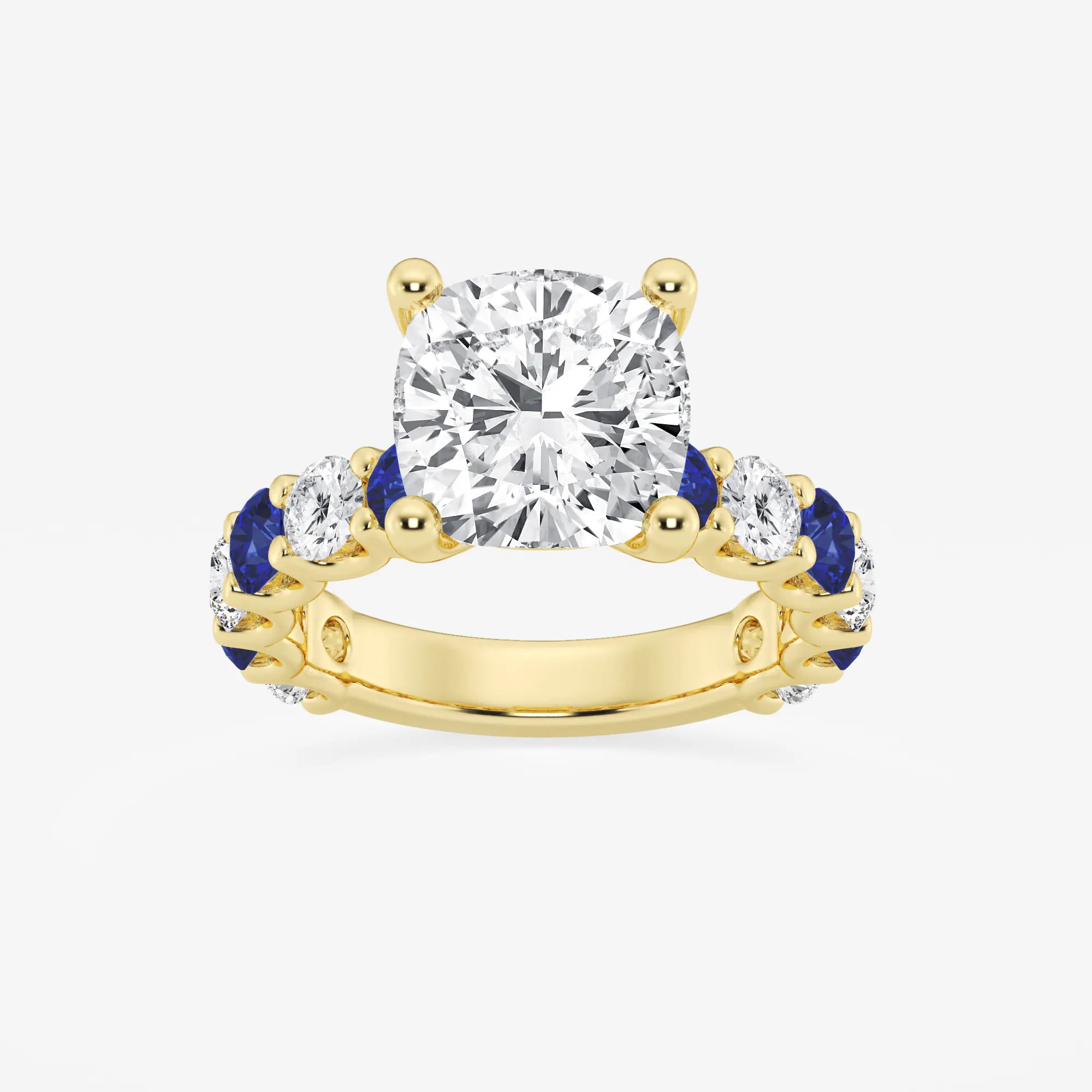 Cushion Lab Grown Diamond & Round Created Sapphire Side Stone Engagement Ring