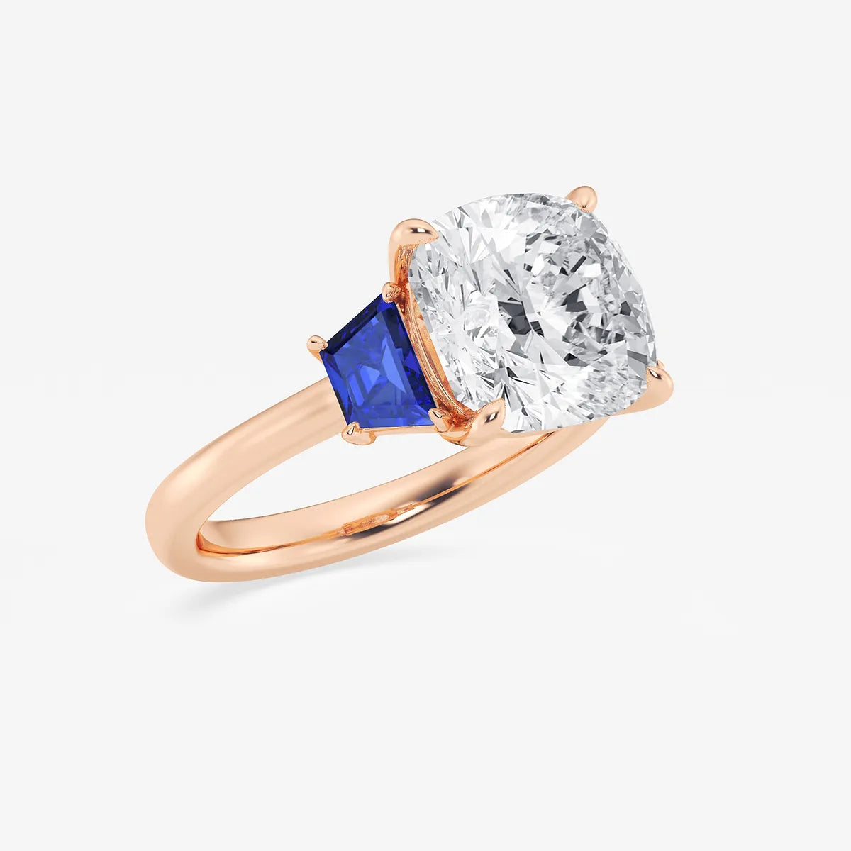Cushion Lab-Grown Diamond & Trapezoid Sapphire Three-Stone Engagement Ring