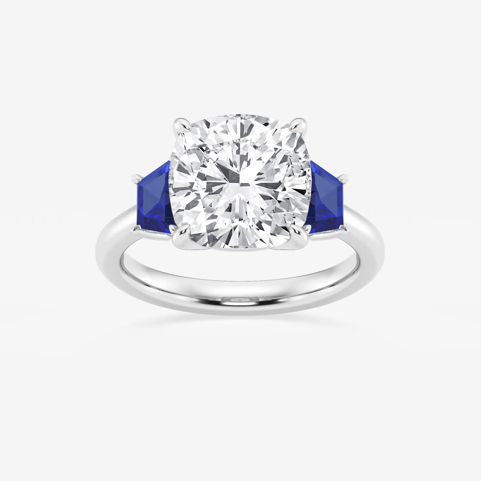 Cushion Lab-Grown Diamond & Trapezoid Sapphire Three-Stone Engagement Ring