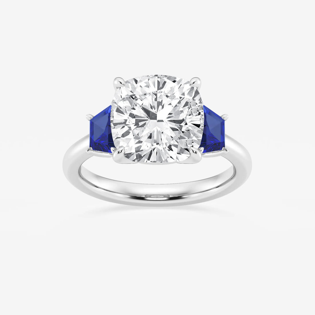 Cushion Lab-Grown Diamond & Trapezoid Sapphire Three-Stone Engagement Ring