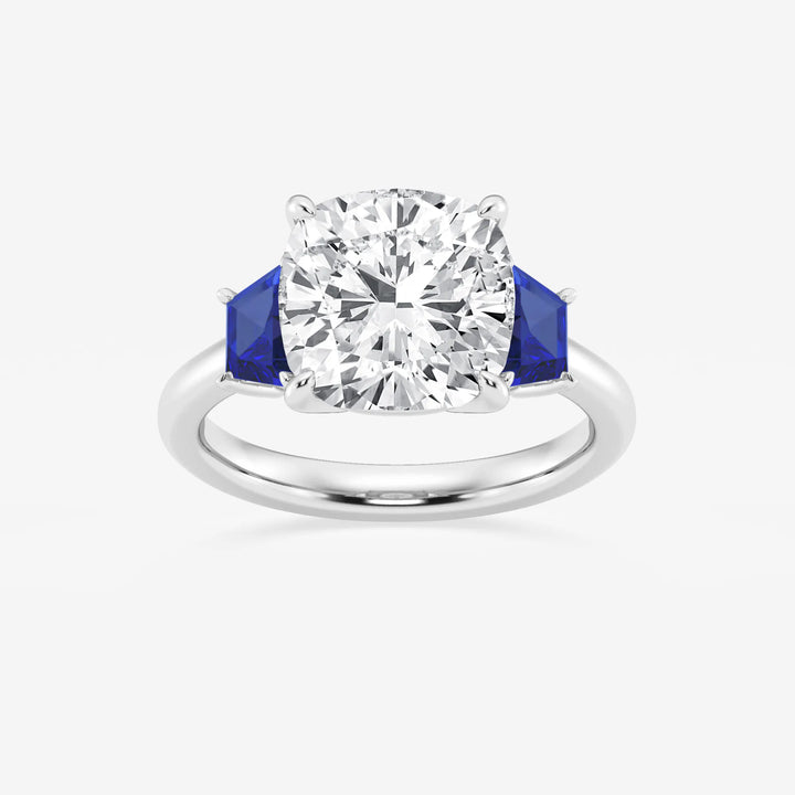 Cushion Lab-Grown Diamond & Trapezoid Sapphire Three-Stone Engagement Ring